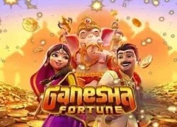 Colorful Ganesh Fortune slot game with animated characters and festive background.
