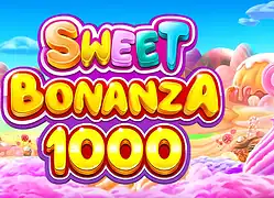 Bright colorful "Sweet Bonanza 1000" game logo with candy and dessert-themed bac.